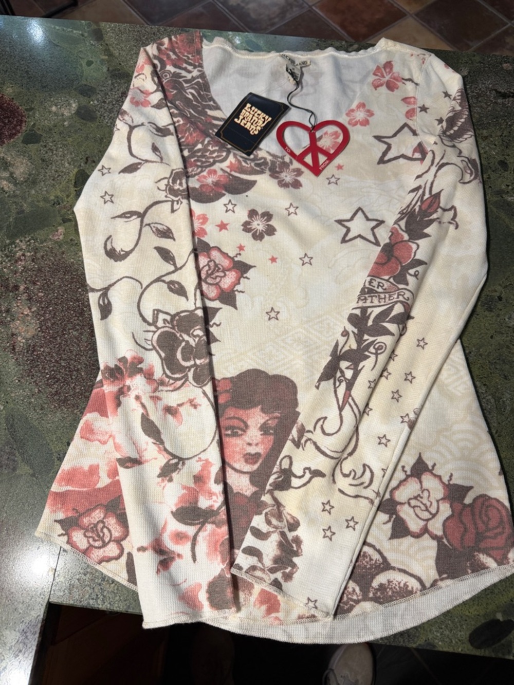 Lucky Brand Cream Top with Rose Pink Floral Print long sleeve